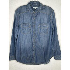 Treasure & Bond Shirt Womens Medium Blue Chambray Western Snap Button Top